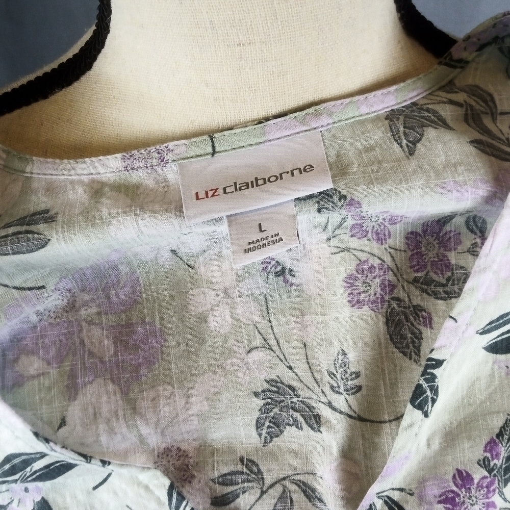 Liz Claiborne top, green with purple flowers, size L - Picture 4 of 4